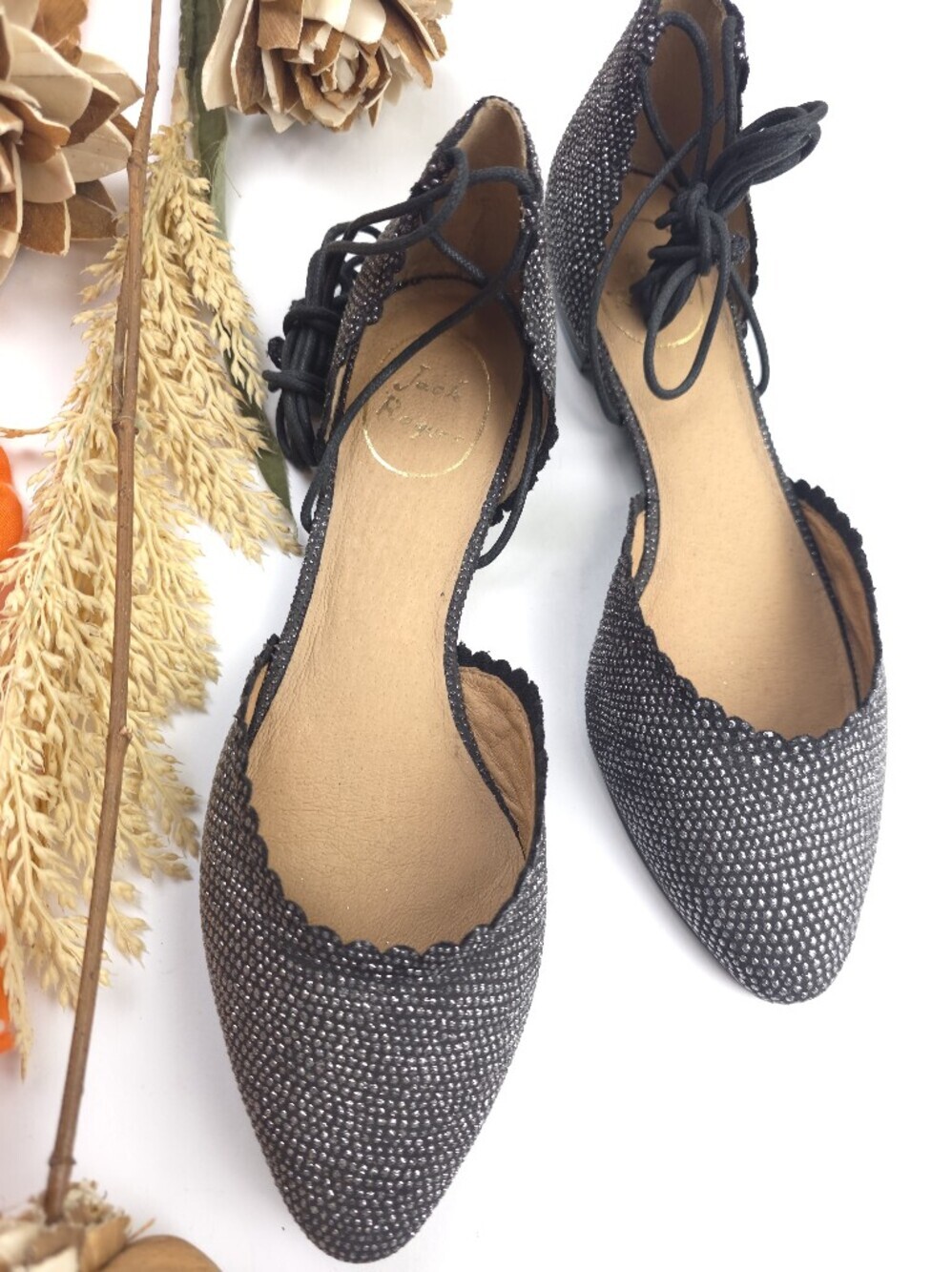 Jack Roger Black Rhinestone Pointed Lace-Up Flats - Women Sz 8